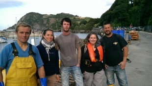 Lady of Lundy’s crew with the Devon Marine Team. From left to right: Gavin, Llucia, Ben, Chris and Kevin.